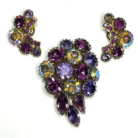 Brooch & Clip Earrings Purple Gold Vtg High End Costume Jewelry S24 - Picture 1 of 8
